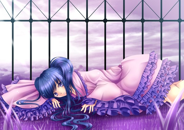 Anime picture 1300x919 with original toshi (1-147) single long hair looking at viewer purple eyes blue hair lying girl dress frills
