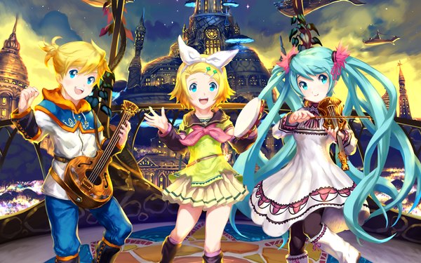 Anime picture 1920x1200 with vocaloid hatsune miku kagamine rin kagamine len nagimiso long hair highres short hair open mouth smile wide image twintails multiple girls cloud (clouds) aqua eyes aqua hair girl dress boy skirt