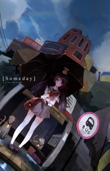 Anime picture 1300x2010 with rk single long hair tall image blush black hair standing purple eyes sky inscription girl thighhighs uniform animal white thighhighs water serafuku building (buildings) umbrella bell