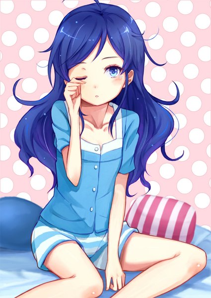 Anime picture 700x988 with aikatsu! kiriya aoi purea single long hair tall image looking at viewer blush blue eyes sitting blue hair ahoge one eye closed pink background polka dot polka dot background hand on cheek sleepy girl pillow