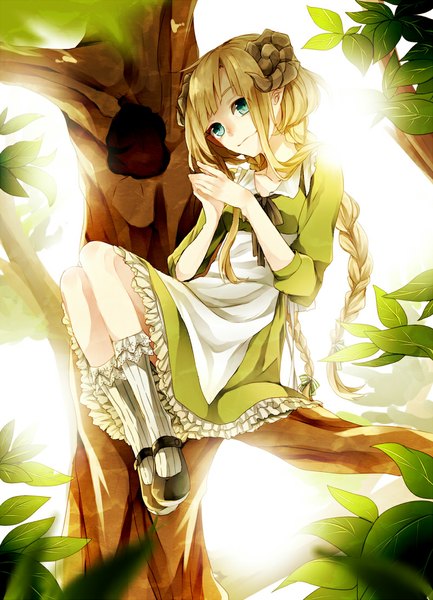 Anime picture 800x1107 with original natsumura amata single long hair tall image fringe blue eyes blonde hair smile looking away braid (braids) single braid girl dress ribbon (ribbons) plant (plants) tree (trees) socks shoes frills