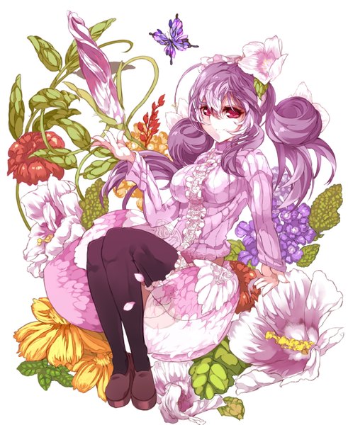 Anime picture 1299x1589 with original himuro (dobu no hotori) single long hair tall image smile red eyes white background sitting twintails purple hair hair flower girl hair ornament flower (flowers) petals insect butterfly