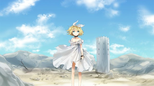 Anime picture 1067x600 with vocaloid kagamine rin kona (canaria) single short hair blue eyes blonde hair wide image bare shoulders sky cloud (clouds) off shoulder torn clothes mountain girl dress bow hair bow collar knife