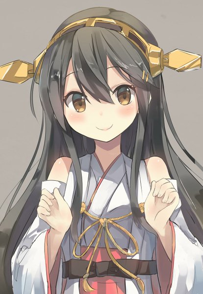 Anime picture 1024x1483 with kantai collection haruna battleship nanashina (artist) single long hair tall image looking at viewer blush black hair simple background smile hair between eyes bare shoulders yellow eyes upper body grey background nontraditional miko girl hair ornament detached sleeves