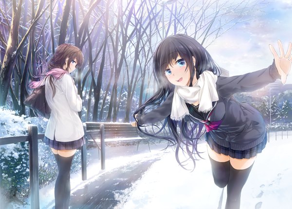 Anime picture 1300x933 with original wingheart long hair looking at viewer blush open mouth blue eyes black hair brown hair multiple girls pleated skirt leaning zettai ryouiki leaning forward spread arms winter snow exhalation footprints girl