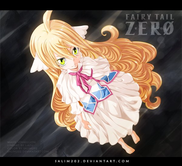 Anime picture 1000x915 with fairy tail mavis vermillion salim202 single blonde hair smile yellow eyes ahoge very long hair barefoot from above inscription loli copyright name coloring head wings girl dress wings white dress