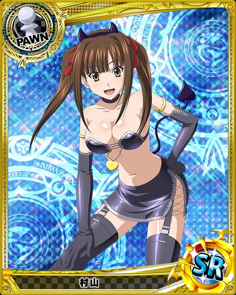 Anime picture 640x800 with highschool dxd murayama (high school dxd) single long hair tall image looking at viewer breasts open mouth light erotic brown hair twintails yellow eyes tail horn (horns) card (medium) girl thighhighs skirt gloves navel