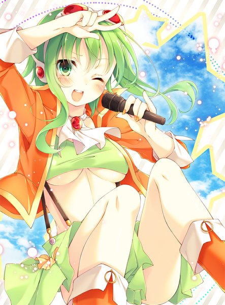 Anime picture 755x1023 with vocaloid gumi toosaka asagi single tall image looking at viewer short hair light erotic green eyes one eye closed green hair wink girl headphones star (symbol) microphone goggles