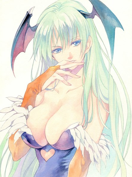 Anime picture 800x1077 with vampire / darkstalkers (game) capcom morrigan aensland agahari single long hair tall image looking at viewer breasts blue eyes light erotic simple background large breasts white background cleavage green hair demon girl hand to mouth head wings traditional media