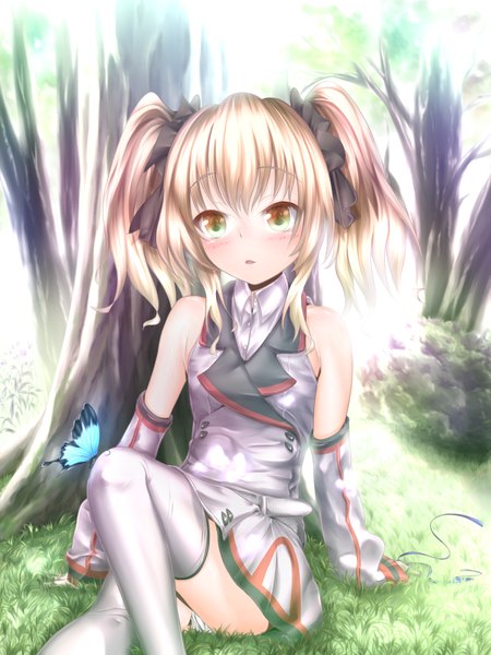 Anime picture 900x1200 with original wingheart single long hair tall image looking at viewer blush open mouth blonde hair twintails yellow eyes loli girl thighhighs bow plant (plants) hair bow detached sleeves white thighhighs tree (trees)