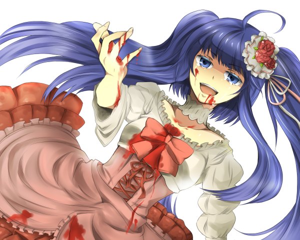 Anime picture 1200x960 with umineko no naku koro ni furudo erika single long hair looking at viewer blue eyes smile white background twintails blue hair ahoge long sleeves outstretched arm lacing blood on face bloody clothes crazy smile girl dress hair ornament