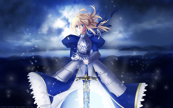 Anime picture 1920x1200 with fate (series) fate/stay night studio deen type-moon artoria pendragon (all) saber highres blonde hair wide image green eyes girl ribbon (ribbons) weapon sword armor