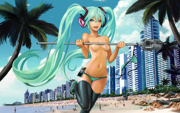 Anime picture 1500x938 with vocaloid hatsune miku warf long hair fringe breasts light erotic wide image standing twintails bare shoulders holding sky cloud (clouds) very long hair aqua eyes aqua hair beach dark skin happy