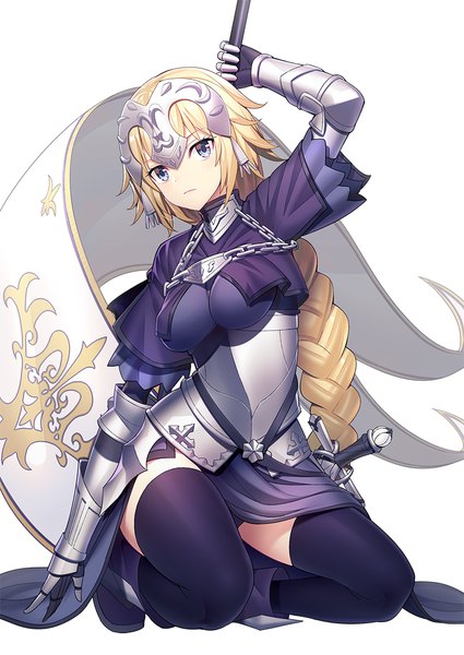 Anime picture 779x1100 with fate (series) fate/apocrypha jeanne d'arc (fate) (all) jeanne d'arc (fate) ririko (zhuoyandesailaer) single long hair tall image breasts blue eyes light erotic simple background blonde hair white background holding full body bent knee (knees) braid (braids) arm up single braid