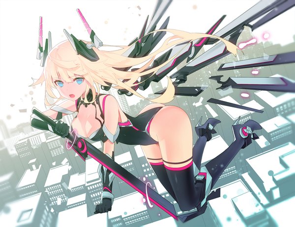 Anime picture 1500x1159 with original ronopu single long hair looking at viewer open mouth blue eyes light erotic blonde hair holding ass blurry high heels city cityscape flying mecha musume mechanical wings girl thighhighs