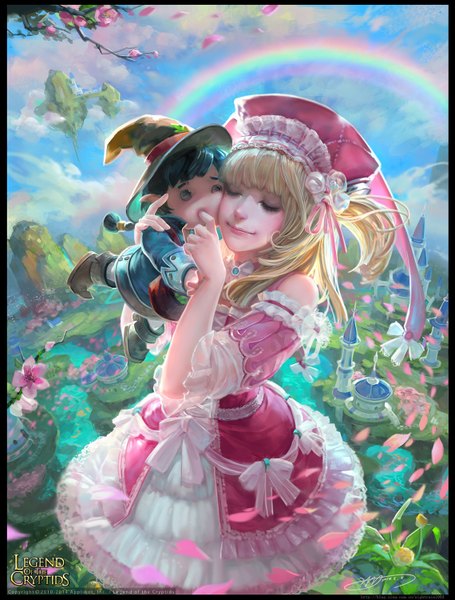 Anime picture 1139x1500 with legend of the cryptids yu-han long hair tall image fringe blonde hair smile blue hair sky cloud (clouds) eyes closed wind lips pointy ears girl dress plant (plants) petals frills headdress
