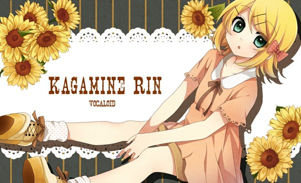 Anime picture 1024x626 with vocaloid kagamine rin sakura yuki (clochette) single looking at viewer blush short hair open mouth blonde hair wide image sitting green eyes inscription wallpaper polka dot girl dress hair ornament bow hair bow