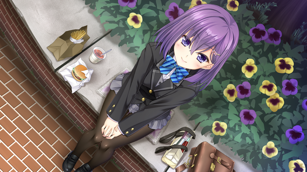 Anime picture 1280x720 with original argenteumastrum single looking at viewer blush fringe short hair smile hair between eyes wide image sitting purple eyes purple hair from above dutch angle girl uniform flower (flowers) school uniform pantyhose