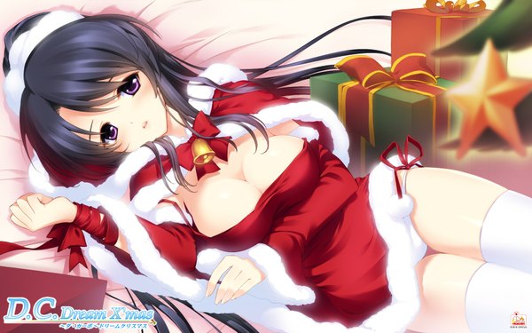 Anime picture 1726x1080 with da capo kotonomiya tamaki long hair highres breasts light erotic black hair wide image purple eyes cleavage fur trim bell collar girl thighhighs ribbon (ribbons) white thighhighs fur bell gift santa claus costume