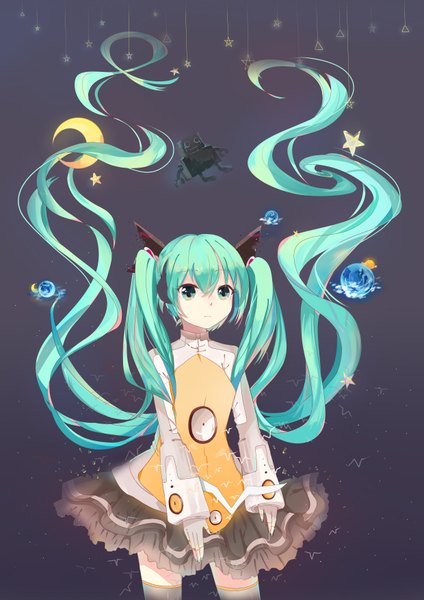 Anime picture 2480x3507 with vocaloid odds & ends (vocaloid) hatsune miku mai (amailove) single tall image highres twintails looking away very long hair aqua eyes aqua hair dark background crescent frown girl dress star (symbol) moon planet