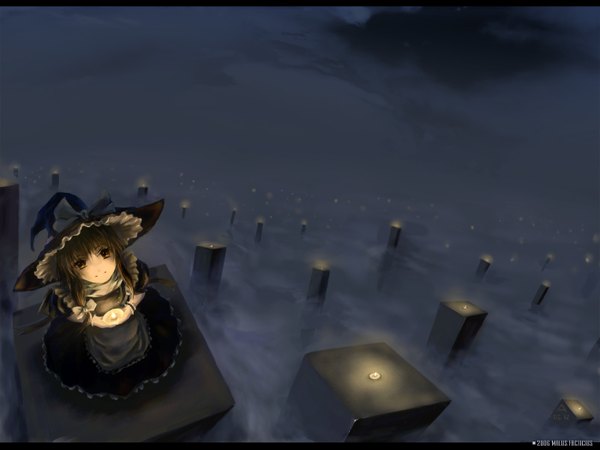 Anime picture 1400x1050 with touhou kirisame marisa archlich single long hair blonde hair standing brown eyes outdoors from above night sky looking up fog girl bow hair bow hat witch hat candle (candles) pillar