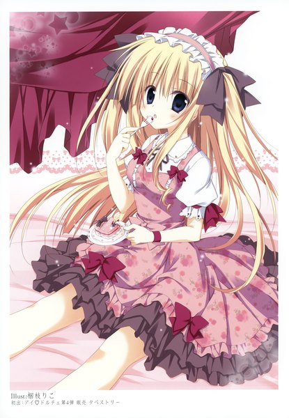 Anime picture 2406x3475 with original korie riko single long hair tall image looking at viewer blush highres blue eyes blonde hair scan girl dress bow headdress sweets cake