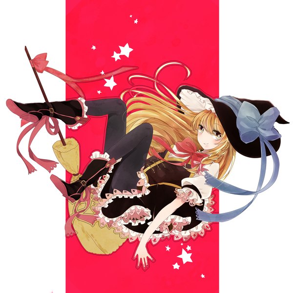 Anime picture 3000x3000 with touhou kirisame marisa kesuko (snow dogs) single long hair looking at viewer blush highres simple background blonde hair smile white background yellow eyes braid (braids) puffy sleeves red background witch weightlessness girl skirt