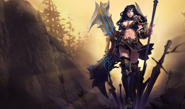 Anime picture 1215x717 with league of legends sivir (league of legends) single long hair breasts blue eyes light erotic black hair wide image cleavage girl weapon sword armor arrow (arrows)