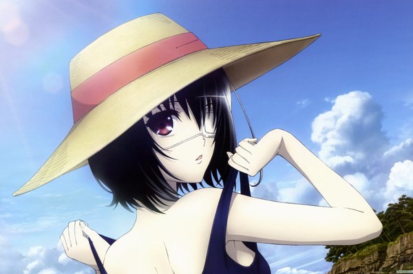 Anime picture 2252x1500 with another p.a. works misaki mei tagme (artist) single looking at viewer highres short hair open mouth black hair purple eyes sky cloud (clouds) looking back sunlight scan pale skin adjusting swimsuit girl swimsuit
