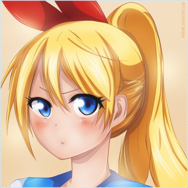 Anime picture 2000x2000 with nisekoi shaft (studio) kirisaki chitoge nobume single long hair looking at viewer blush highres blue eyes blonde hair ponytail coloring girl bow hair bow