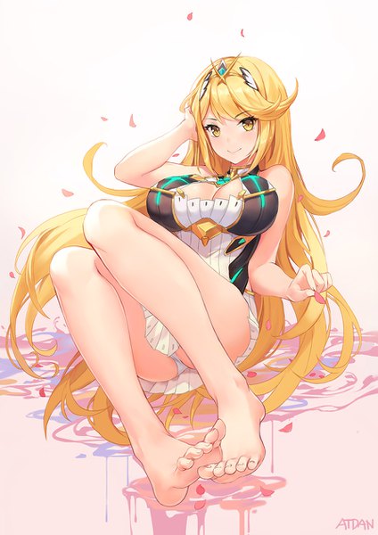 Anime picture 893x1263 with xenoblade xenoblade 2 mythra (xenoblade) atdan single tall image looking at viewer blush fringe breasts light erotic blonde hair smile sitting holding signed yellow eyes cleavage full body very long hair