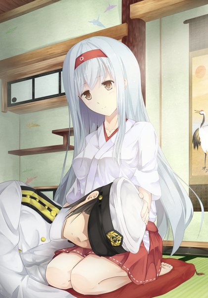 Anime picture 1400x2000 with kantai collection shoukaku aircraft carrier admiral (kantai collection) coffee1223 long hair tall image short hair black hair sitting brown eyes silver hair lying traditional clothes japanese clothes light smile hand on head hat over eyes girl boy uniform