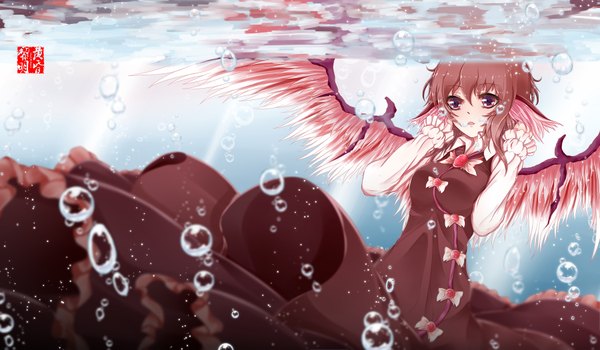 Anime picture 1800x1050 with touhou mystia lorelei dusk/dawn single looking at viewer highres short hair open mouth brown hair wide image purple eyes underwater head wings girl dress bow wings bubble (bubbles)