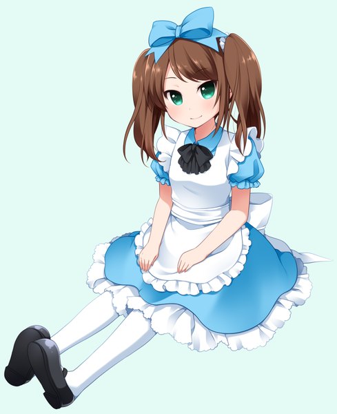 Anime picture 1535x1881 with idolmaster alice in wonderland idolmaster side-m mizushima saki ringo yuyu single long hair tall image looking at viewer blush fringe simple background smile brown hair sitting green eyes short twintails blue background cosplay otoko no ko