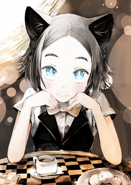 Anime picture 850x1200 with original yunar single tall image looking at viewer blush short hair blue eyes smile animal ears arm support checkered chin rest dark hair girl shirt food bowtie vest table