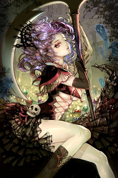 Anime picture 2362x3545 with original crab d single tall image blush highres short hair breasts open mouth light erotic red eyes sitting holding sky purple hair teeth piercing lacing ghost single shoe