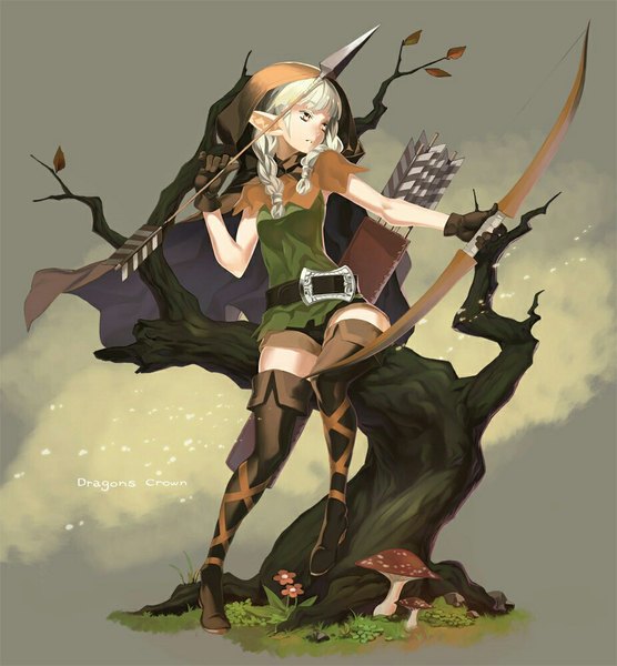 Anime picture 926x1000 with dragon's crown vanillaware elf (dragon's crown) 92m single tall image short hair open mouth simple background sitting brown eyes looking away silver hair braid (braids) grey background twin braids elf girl thighhighs gloves