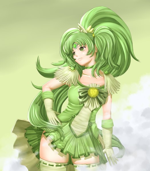 Anime picture 1166x1333 with precure toei animation midorikawa nao cure march harihisa single long hair tall image green eyes green hair hand on hip green background girl thighhighs dress gloves choker