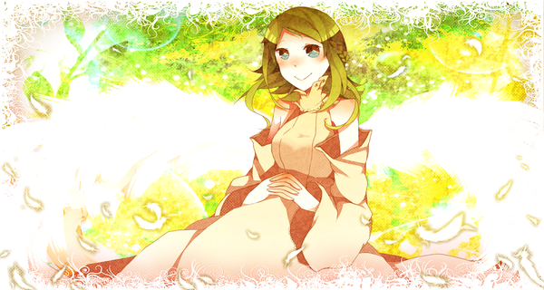 Anime picture 1260x672 with vocaloid gumi kogarashi midori single blush short hair smile wide image green eyes green hair angel wings framed girl dress detached sleeves feather (feathers)