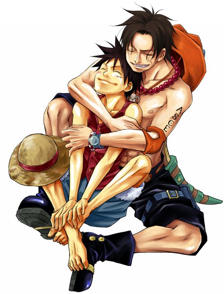 Anime picture 1400x1838 with one piece toei animation monkey d. luffy portgas d. ace nagi (pixiv) tall image short hair simple background smile brown hair white background eyes closed tattoo hug scar topless boy hat shorts vest
