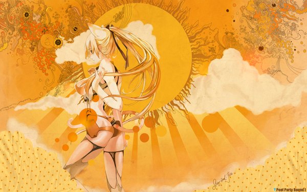 Anime picture 1920x1200 with houden eizou highres blonde hair wide image animal ears cloud (clouds) cat girl girl thighhighs pantyhose bodysuit sun torn thighhighs
