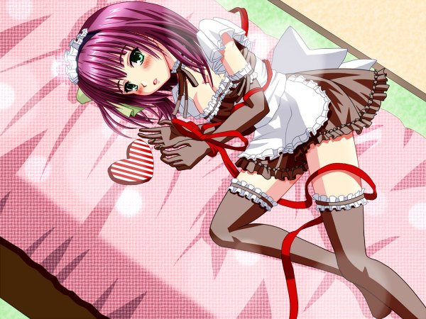 Anime picture 1200x900 with angel beats! key (studio) nakamura yuri single blush short hair light erotic green eyes purple hair lying maid looking up girl gloves ribbon (ribbons) socks elbow gloves frills headdress heart