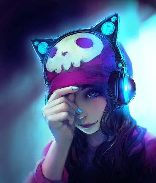Anime picture 850x1000 with original axent wear headphones yuumei single long hair tall image looking at viewer blue eyes black hair smile nail polish fingernails light smile close-up blue nail polish skull print girl headphones cap skull
