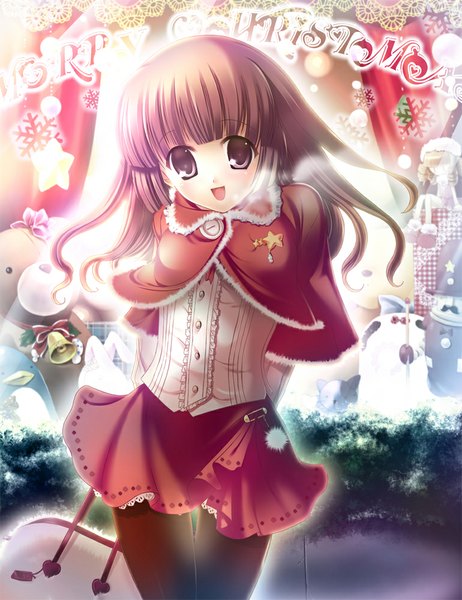 Anime picture 770x1000 with original futaori arisa single long hair tall image looking at viewer blush open mouth brown hair black eyes christmas merry christmas girl dress bell