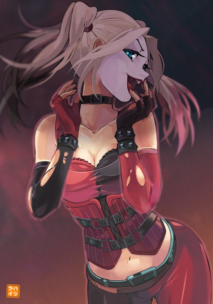 Anime picture 1228x1754 with batman dc comics harley queen hatsuraikun single long hair tall image open mouth standing twintails bare shoulders multicolored hair aqua eyes midriff lipstick torn clothes turning head gradient hair red lipstick makeup