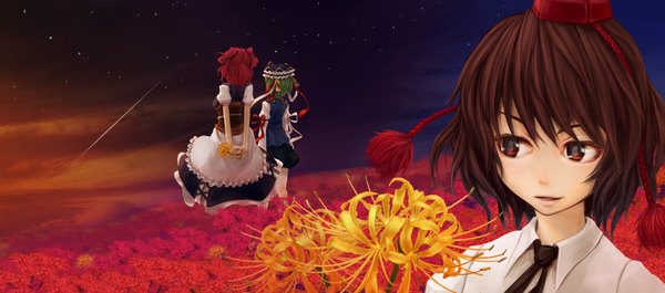 Anime picture 3817x1688 with touhou shameimaru aya onozuka komachi shikieiki yamaxanadu modama highres short hair brown hair wide image multiple girls brown eyes sky cloud (clouds) red hair green hair lips back girl dress flower (flowers)