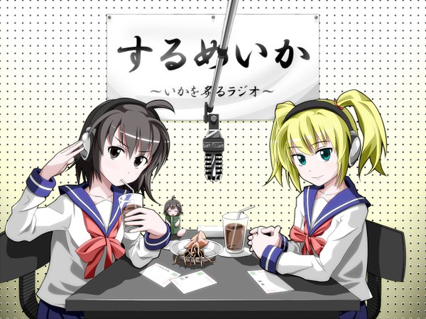 Anime picture 1400x1050 with surumeika watanabe miki sitting drinking uniform school uniform headphones microphone letter squid makoto (maknag) ugumori sachi