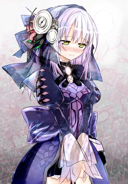 Anime picture 1286x1845 with clockwork planet ryuzu (clockwork planet) zero zero single long hair tall image blush standing yellow eyes purple hair white hair long sleeves embarrassed puffy sleeves looking down hands clasped mechanical parts girl dress hair ornament
