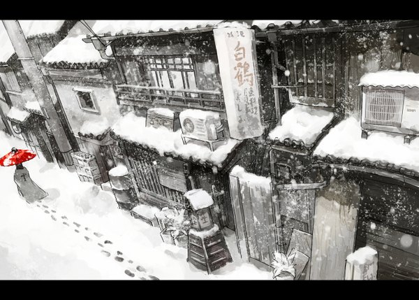 Anime picture 1398x1000 with yamaada hieroglyph snowing letterboxed winter snow cityscape polychromatic footprints building (buildings) umbrella oriental umbrella signboard