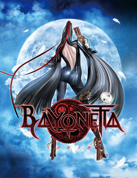 Anime picture 1600x2079 with bayonetta bayonetta (character) single long hair tall image black hair sky cloud (clouds) from behind inscription back girl ribbon (ribbons) weapon hair ribbon gun moon chain feather (feathers) bodysuit